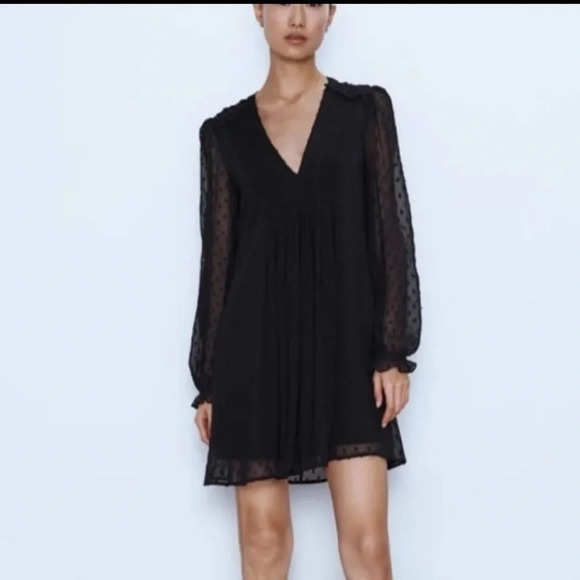 Zara Black Swiss Dot sheer Pleated Mini Dress Womens - Picture 3 of 9
